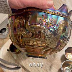 NORTHWOOD ANTIQUE CARNIVAL GLASS PEACOCK AT FOUNTAIN PUNCH BOWL SET 7 Piece