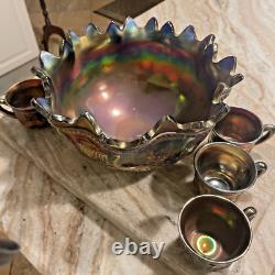 NORTHWOOD ANTIQUE CARNIVAL GLASS PEACOCK AT FOUNTAIN PUNCH BOWL SET 7 Piece