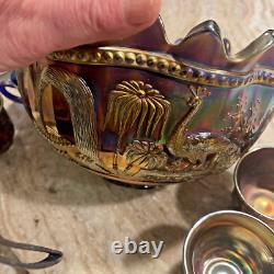 NORTHWOOD ANTIQUE CARNIVAL GLASS PEACOCK AT FOUNTAIN PUNCH BOWL SET 7 Piece