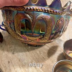 NORTHWOOD ANTIQUE CARNIVAL GLASS PEACOCK AT FOUNTAIN PUNCH BOWL SET 7 Piece