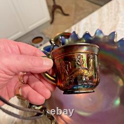 NORTHWOOD ANTIQUE CARNIVAL GLASS PEACOCK AT FOUNTAIN PUNCH BOWL SET 7 Piece