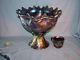 Northwood Carnival Glass Punch Bowl, Base And One Cup Purple Peacock At Fountain
