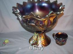 Northwood Carnival Glass Punch Bowl, Base And One Cup Purple Peacock At Fountain