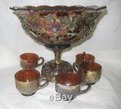 NORTHWOOD FRUITS & FLOWERS AMETHYST CARNIVAL GLASS PUNCH BOWL BASE & 5 CUPS