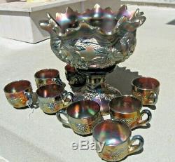 NORTHWOOD GRAPE & CABLE CARNIVAL Large 10-piece PUNCH BOWL SET with 8 CUPS