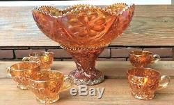 NORTHWOOD Iridescent GOLD Pedestal PUNCH BOWL with Five CUPS Carrival