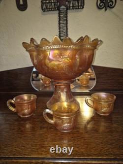 NORTHWOOD PEACOCK AT THE FOUNTAIN MARIGOLD PUNCH BOWL SET With 3 Cups