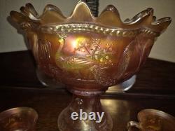 NORTHWOOD PEACOCK AT THE FOUNTAIN MARIGOLD PUNCH BOWL SET With 3 Cups