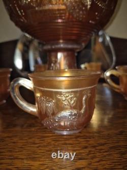 NORTHWOOD PEACOCK AT THE FOUNTAIN MARIGOLD PUNCH BOWL SET With 3 Cups