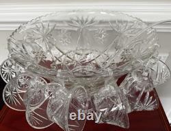 NOS Anchor Hocking Star Of David Punch Bowl Set 12 Cups 12 Hooks Ladle Base-NEW