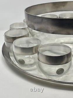 NOS Dorothy Thorpe Silver Rimmed Glass Punchbowl Set Roly-Poly Cups Orig Tags