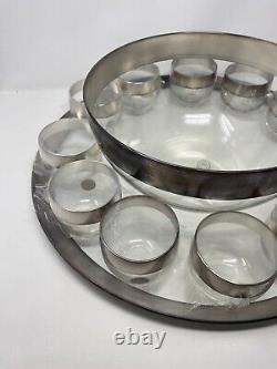 NOS Dorothy Thorpe Silver Rimmed Glass Punchbowl Set Roly-Poly Cups Orig Tags