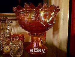 Nw Outstanding Marigold Peacock At The Fountain Carnval Glass Punch Bowl & Base