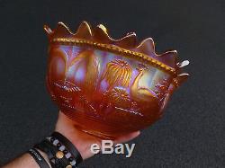 Nw Outstanding Marigold Peacock At The Fountain Carnval Glass Punch Bowl & Base