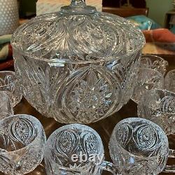 Nachtmann Cut Crystal Lidded Punch bowl With 12 punch cups Florenz Pattern