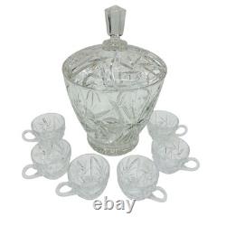 Nachtmann German Lead Crystal Punch Bowl With Lid & 6 Cups Hand Diamond Fan Cut
