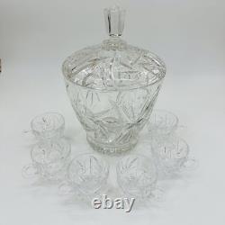 Nachtmann German Lead Crystal Punch Bowl With Lid & 6 Cups Hand Diamond Fan Cut
