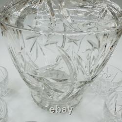 Nachtmann German Lead Crystal Punch Bowl With Lid & 6 Cups Hand Diamond Fan Cut