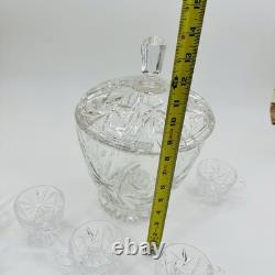 Nachtmann German Lead Crystal Punch Bowl With Lid & 6 Cups Hand Diamond Fan Cut
