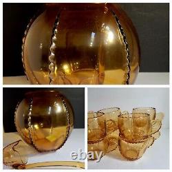 New Martinsville Amber Radience 12 Piece Punch Bowl Ball Vase Set