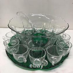 New Martinsville Radiance Emerald Green to Clear 15 Pieces Punch Bowl Set