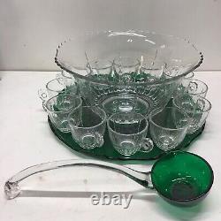 New Martinsville Radiance Emerald Green to Clear 15 Pieces Punch Bowl Set