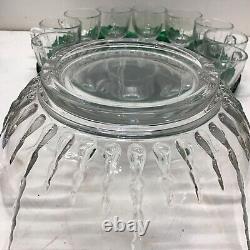 New Martinsville Radiance Emerald Green to Clear 15 Pieces Punch Bowl Set