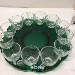 New Martinsville Radiance Emerald Green to Clear 15 Pieces Punch Bowl Set