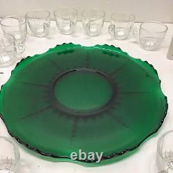 New Martinsville Radiance Emerald Green to Clear 15 Pieces Punch Bowl Set