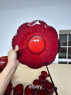 New Martinsville Ruby Red Glass Radiance Punch Set Bowl Underplate Ladle Cups