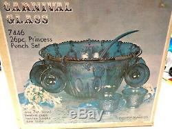 New Vintage 26 Piece INDIANA Blue Grape Leaf Carnival Glass Punch Bowl Set. NIB