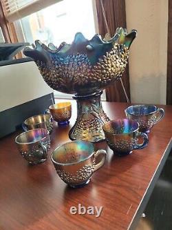 Nice Blue Fenton Carnival Glass Orange Tree Pattern Punch Bowl & 6 Punch Cups