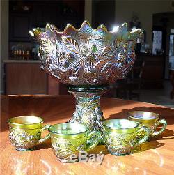 Northwood Acorn Burrs Carnival Glass Punch Bowl on Stand + 4 Cups