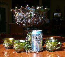 Northwood Acorn Burrs Carnival Glass Punch Bowl on Stand + 4 Cups