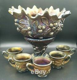 Northwood Acorn Burrs Carnival Glass Punch Bowl with Stand and 5 (five) Cups