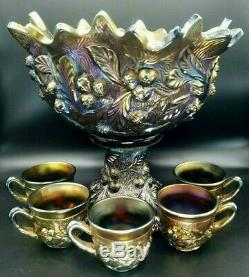 Northwood Acorn Burrs Carnival Glass Punch Bowl with Stand and Cups