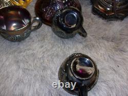 Northwood Amethyst Carnival Glass Grape & Cable Punch Bowl Stand & 5 Cup