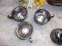 Northwood Amethyst Carnival Glass Grape & Cable Punch Bowl Stand & 5 Cup