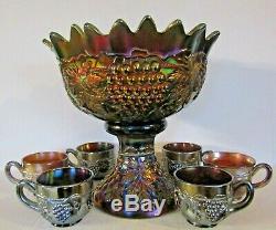 Northwood Amethyst Grape & Cable Carnival Glass Punch Bowl & Cups