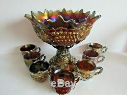 Northwood Amethyst Grape & Cable Carnival Glass Punch Bowl & Cups