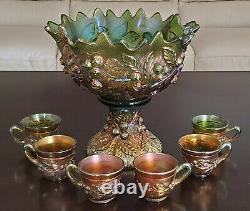 Northwood Carnival Glass Acorn Burrs Punch Set In Green