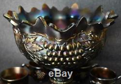 Northwood Carnival Glass Grape & Cable Amethyst Punch Bowl Base Eight Punch Cups