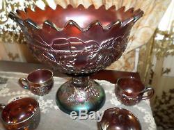 Northwood Carnival Glass Punch Bowl Grape & Cable & 4 Matching Cups