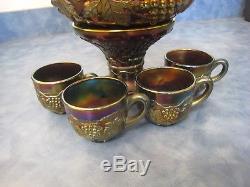 Northwood Carnival Glass Punch bowl Set Deep Amethyst Bowl Pedestal Four Cups