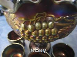 Northwood Carnival Glass Punch bowl Set Deep Amethyst Bowl Pedestal Four Cups
