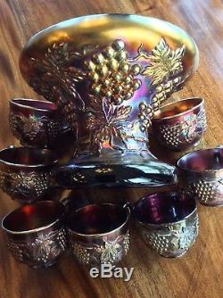 Northwood Electric Amethyst Carnival Glass Punch Bowl Stand & 7 Punch Cups