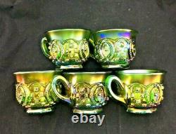Northwood GREEN MEMPHIS ANTIQUE CARNIVAL GLASS COMPLETE 7 piece PUNCH BOWL SET