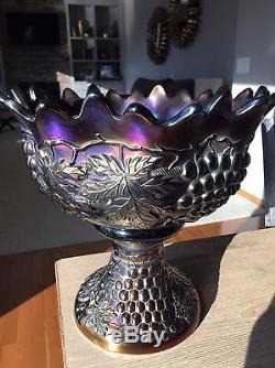 Northwood Grape & Cable Amethyst Carnival Glass Punch Bowl & Base- 11
