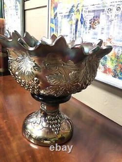 Northwood Grape & Cable Amethyst Carnival Glass Punch Bowl With Base Signed