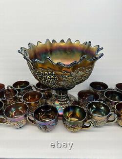 Northwood Grape & Cable Carnival Glass Glass Punch Bowl / Base / 15 Cups WOW